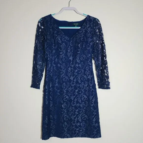 Lauren Ralph Lauren Womens Lace Sheath Dress Size 4 Blue V-Neck Holiday Party - Picture 1 of 9